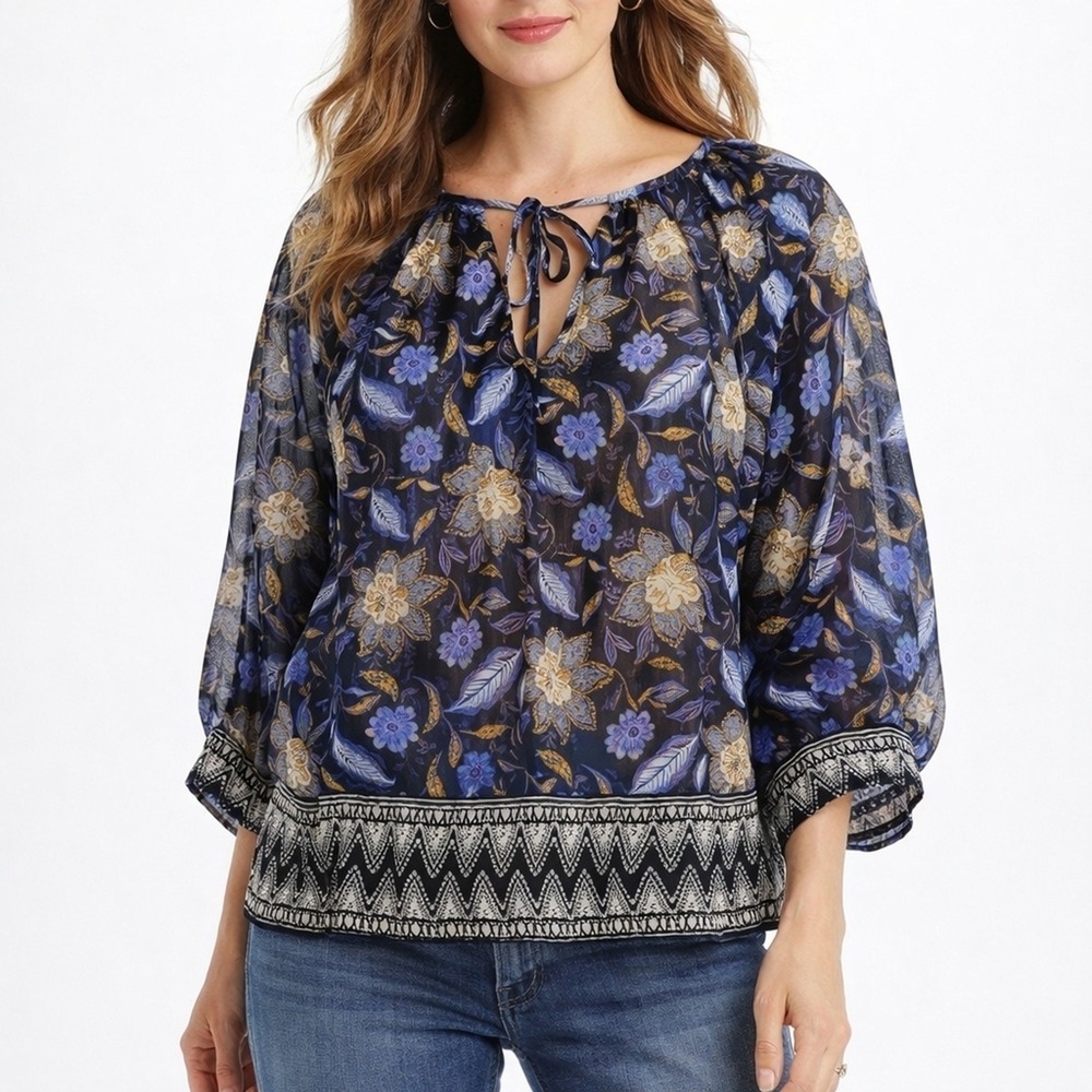 Karen Kane Blue & Gold Floral‎ Peasant Blouse Tie Neck Boho Medium Office Sheer